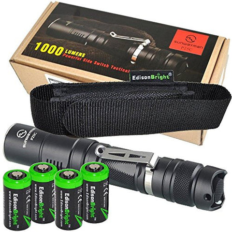 Sunwayman P25C 1000 Lumen CREE LED tactical flashlight with EdisonBright holster and four EdisonBright CR123A Lithium batteries bundle