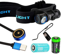 Olight H1R rechargeable 600 Lumens LED headlamp/utility light with RCR123 Li-ion battery, flex magnetic USB charging cable and EdisonBright CR123A back-up Battery bundle