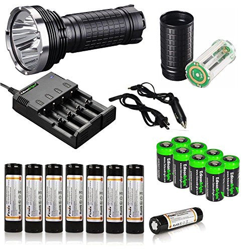 FENIX TK75 4000 Lumen 2015 Edition Triple CREE XM-L2 U2 LED Flashlight/Searchlight with Eight Genuine Fenix ARB-L2M 18650 Batteries, Fenix AER-TK75 Extender Tube, Battery Magazine, 4 bay smart battery Charger and eight EdisonBright CR123A lithium bat