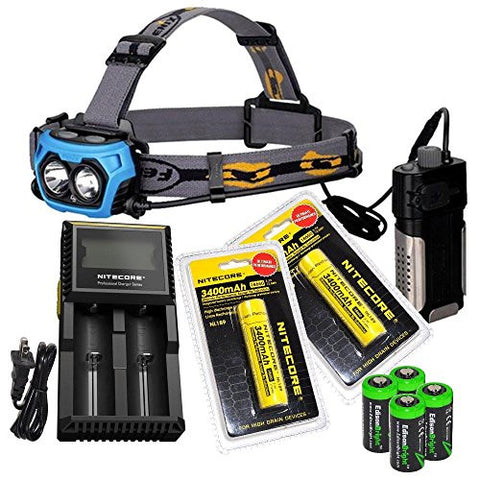 Fenix HP40F 450 Lumen white/blue LED combination fishing/angler Headlamp with Nitecore D2 smart battery charger, 2 X Nitecore NL189 18650 3400mAh rechargeable batteries and Four EdisonBright CR123A Lithium batteries