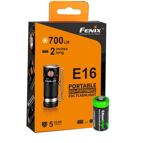 Fenix E16 700 Lumen CREE neutral white LED EDC/keychain Flashlight EdisonBright CR123A Lithium Battery bundle