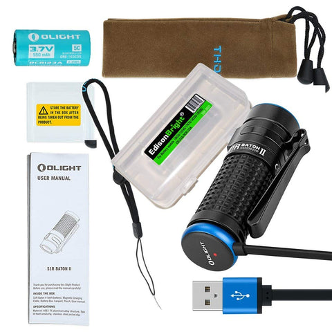 Olight S1R II 1000 Lumen USB rechargeable CREE LED Flashlight, Rechargeable battery, magnetic charging cable with EdisonBright battery carry case bundle