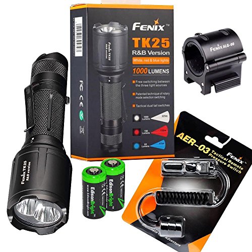 EdisonBright Fenix TK25 R & B 1000 Lumens White w/Red & Blue LED Flashlight Weapon Mount kit with 2 X CR123A Batteries