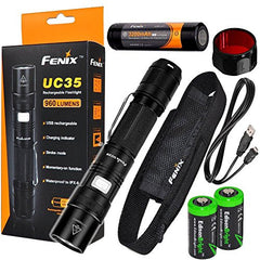 FENIX UC35 USB Rechargeable 960 Lumen Cree XM-L2 U2 multi battery type compatible LED Flashlight with, AOF-S Red color filter, 3200mAh rechargeable battery, USB charging cable and 2 X EdisonBright lithium CR123A back-up batteries bundle