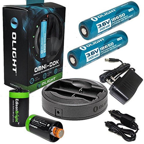 Olight Omni-Dok Universal Battery Charger For 18650 RCR123 AA AAA 16340 17670 14500 with AC adapter and 12V DC (Car) power cords, Two Olight 3400mAh 18650 rechargeable Li-ion batteries with Two Edisonbright AA->D battery spacer shells