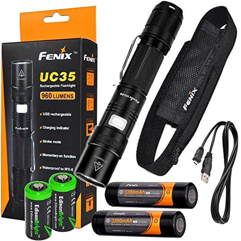 FENIX UC35 USB Rechargeable 960 Lumen Cree XM-L2 U2 multi battery type compatible LED Flashlight with, 2 X Fenix ARB-L2P 3200mAh rechargeable batteries, USB charging cable and 2 X EdisonBright lithium CR123A back-up batteries bundle
