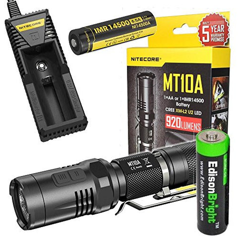 Nitecore MT10A Max 920 lumen LED tactical Flashlight with holster, lanyard, clip, Nitecore IMR14500 battery, Nitecore i1 charger and EdisonBright AA Alkaline battery