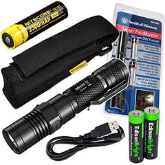 Nitecore MH10 CREE XM-L2 U2 LED 1000 Lumen USB Rechargeable Flashlight, Smith & Wesson PathMarker LED Flashlight, 18650 rechargeable Li-ion battery, USB charging cable and Holster with 2 X EdisonBright AA Alkaline batteries bundle