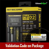 Nitecore D2 DigiCharger, car charger cord with EdisonBright battery carry case bundle For Li-ion, IMR, LiFePO4 26650 22650 18650 17670 18490 17500 18350 16340 RCR123 14500 10440 Ni-MH And Ni-Cd AA AAA AAAA C Rechargeable Batteries