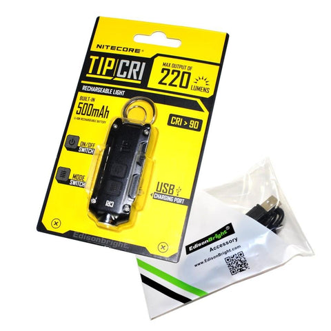 Nitecore TIP CRI 220 lumen USB rechargeable keychain light Black (Color Rendering Index CRI 90) with EdisonBright brand USB charging cable