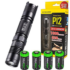 NITECORE P12 2015 version 1000 Lumens high intensity CREE XM-L2 LED long throw tactical flashlight with 4X EdisonBright CR123A Lithium Batteries bundle