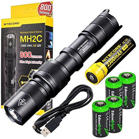 Nitecore MH2C CREE XM-L U2 LED USB Rechargeable 800 Lumen Flashlight and Nitecore 18650 Li-ion rechargeable battery with 4 X EdisonBright CR123A Lithium batteries