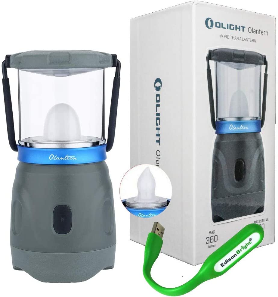 EdisonBright OLIGHT Olantern LED Rechargeable 360 Lumen Camping/Emergency Lantern, swappable Flickering Flame Type LED USB Powered Reading Light Bundle