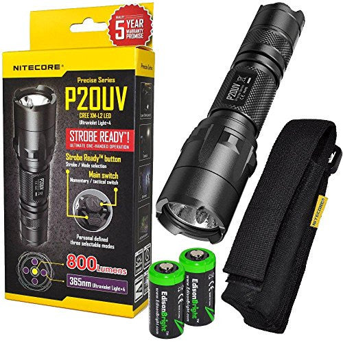 Nitecore P20UV 800 lumen Tactical Duty LED Flashlight with Built-in UV Black Light and 2 X EdisonBright CR123A Lithium batteries bundle