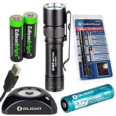 Olight S15R Baton rechargeable XM-L 280 Lumens LED Flashlight EDC with Smith & Wesson PathMarker LED Flashligh, type 14500 Li-ion battery, charging base and two EdisonBright AA alkaline back-up batteries bundle