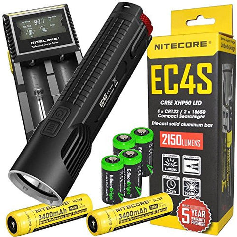 NITECORE EC4S 2150 Lumen CREE LED tactical flashlight 2 X Nitecore NL189 18650 3400mAh Li-ion rechargeable batteries, Nitecore D2 Charger, in-Car Cable & four EdisonBright CR123A Lithium Batteries