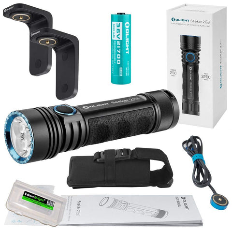 Olight Seeker 2 Pro 3200 Lumen USB Rechargeable LED Flashlight, 2 X Charging brackets, Olight Rechargeable Battery, and EdisonBright cable carry case