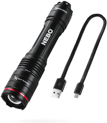 NEBO Redline-X Rechargeable Waterproof Flashlight: 1800 lumen, 4x zoom, Switch-X technology; patented paddle switching mechanism to operate the power mode and instant activation for TURBO and Strobe