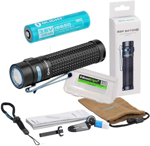 Olight S2R II rechargeable 1150 Lumens EDC LED Flashlight with Li-ion battery, flex magnetic USB charging cable and EdisonBright BBX3 battery carry case bundle