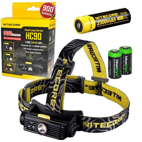 Nitecore HC90 900 Lumen CREE XM-L2 T6 LED USB rechargeable headlamp with Genuine Nitecore NL183 18650 Li-ion rechargeable battery, Two EdisonBright CR123A Lithium Batteries