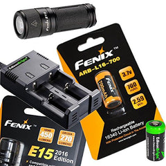 Fenix E15 450 Lumen CREE LED 2016 version EDC Flashlight, Fenix ARB-L16 rechargeable battery, EdisonBright battery charger, and EdisonBright CR123A Lithium Battery bundle