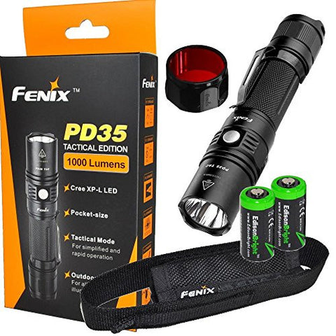 Fenix PD35 TAC 2015 Edition 1000 Lumen CREE LED Tactical Flashlight with AOF-S Red color filter, Holster and Two EdisonBright CR123A Lithium Batteries bundle