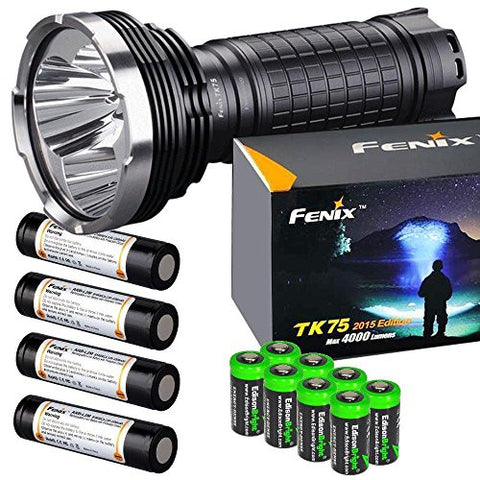 FENIX TK75 4000 Lumen 2015 Edition 4 CREE XM-L2 U2 LED Flashlight with Four Fenix ARB-L2M 18650 Batteries and eight EdisonBright CR123A lithium batteries bundle