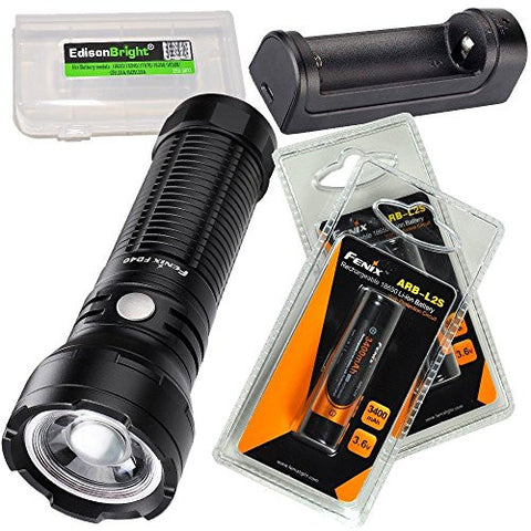 Fenix FD40 1000 Lumen CREE LED adjustable beam Flashlight with 2 X ARBL2S batteries, ARE-X1 Charger and EdisonBright brand battery carry case