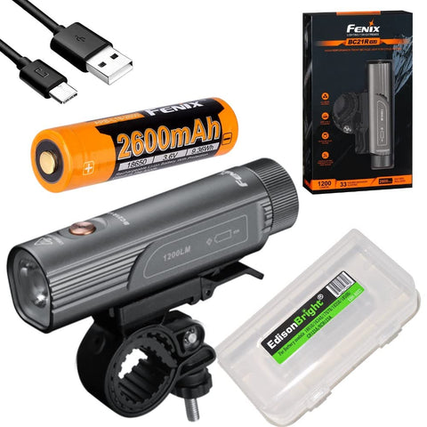 Fenix BC21R v3.0 1200 Lumen LED USB Rechargeable Light Weight Bike Bicycle Light, Rechargeable Battery with EdisonBright Battery Carrying case Bundle