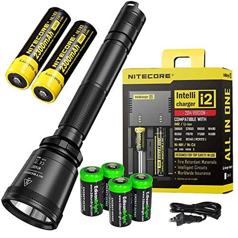 Bundle: NITECORE MT40GT 1000 Lumen CREE LED 675 yards long throw tactical flashlight, 2 X NL183 18650 batteries, i2 charger with 4 X EdisonBright CR123A Lithium Batteries