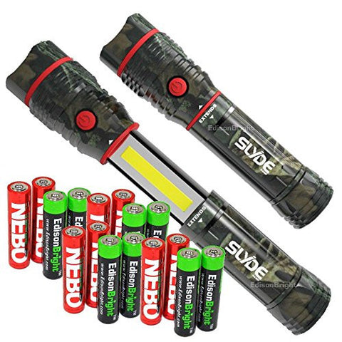 Two Pack: Nebo Slyde Camo 250 Lumen LED flashlight/Worklight 6383 and 8 X EdisonBright AAA alkaline batteries bundle