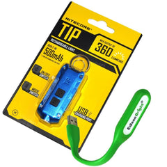 Nitecore TIP 360 lumen USB rechargeable keychain flashlight blue color body with EdisonBright brand USB powered reading light