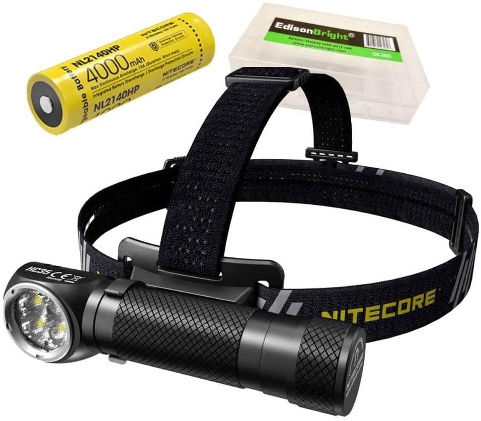 EdisonBright Nitecore HC35 2700 Lumens CREE LED USB Rechargeable headlamp and 4000mAh Li-ion Long Duration Battery Battery Carry case Bundle