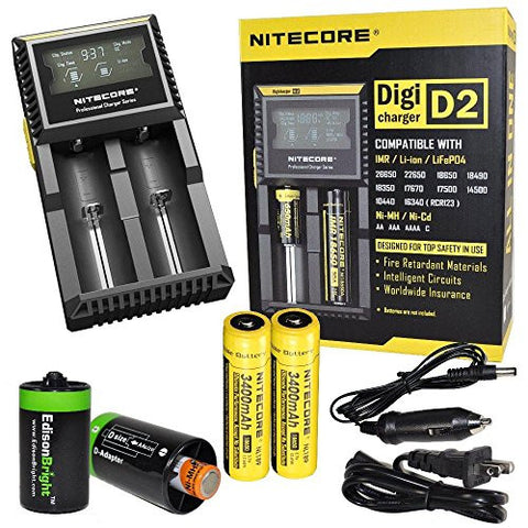 Nitecore D2 Digicharge universal home/in-car battery charger, Two Nitecore 18650 NL189 3400mAH rechargeable batteries with 2 X EdisonBright AA to D type battery spacer/converters