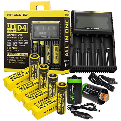 Nitecore D4 Digicharge universal home/in-car battery charger, Four Nitecore IMR 18650 NI18650A 2000mAH rechargeable batteries with 2 X EdisonBright AA to D type battery spacer/converters