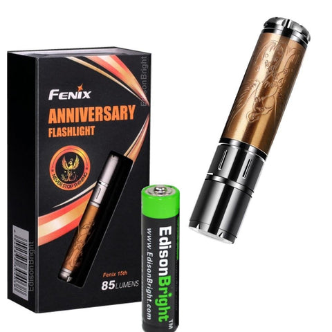 Fenix 15th Anniversary Special Edition 85 Lumen LED flashlight, unique rose gold plating with Fenix's insignia bundle with EdisonBright AAA alkaline battery