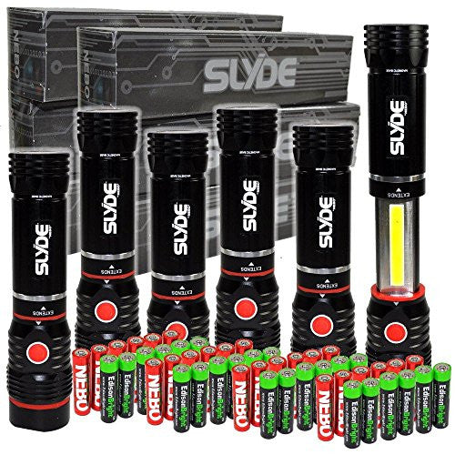 6 pack Nebo Slyde 250 Lumen LED flashlight/Worklight 6156 and 24 X EdisonBright AAA alkaline batteries bundle