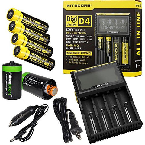Nitecore D4 Digicharge universal home/in-car battery charger, Four Nitecore 18650 NL183 2300mAH rechargeable batteries with 2 X EdisonBright AA to D type battery spacer/converters