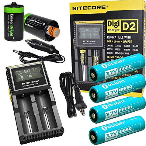 Nitecore D2 Digicharge universal home/in-car battery charger, Four Olight 18650 2600mAH rechargeable batteries with 2 X EdisonBright AA to D type battery spacer/converters