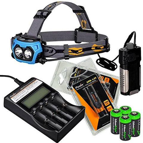 Fenix HP40F 450 Lumen white/blue LED combination fishing Headlamp with Fenix ARE-C2 four bays advanced digital battery charger, 2 X Fenix 18650 ARB-L2S 3400 mAh rechargeable batteries and Four EdisonBright CR123A Lithium batteries