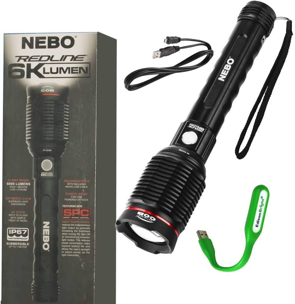 NEBO Redline 6K lumen (6000 lumen) rechargeable high power LED flashlight 6822 with EdisonBright USB powered LED reading light bundle