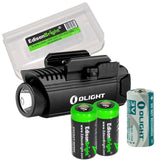 EdisonBright Olight PL1-II 450 lumen LED flashlight for handgun, with 2 X CR123A lithium batteries and Battery case bundle