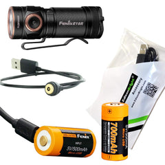 Fenix E18R 750 Lumen CREE LED USB rechargeable compact keychain Flashlight, additional rechargeable battery with EdisonBright charging cable bundle