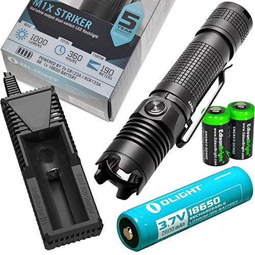 Olight M1X Striker Cree XM-L2 1000 Lumen LED Tactical Flashlight, Olight 18650 Li-ion rechargeable battery, charger with two EdisonBright CR123A Lithium Batteries