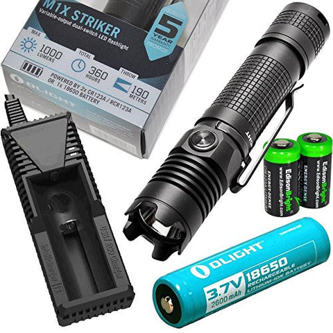Olight M1X Striker Cree XM-L2 1000 Lumen LED Tactical Flashlight, Olight 18650 Li-ion rechargeable battery, charger with two EdisonBright CR123A Lithium Batteries