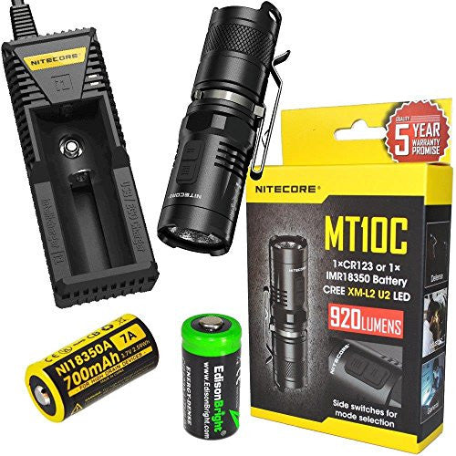 Nitecore MT10C 960 Lumen CREE XM-L2 LED Flashlight with Nitecore IMR 18350 rechargeable 18350 Battery, Nitecore i1 charger and EdisonBright CR123A Lithium Batteries Bundle
