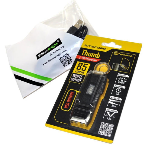 Bundle: Nitecore THUMB 85 lumen USB rechargeable tilt head worklight (White / Red) and EdisonBright brand USB charging cable