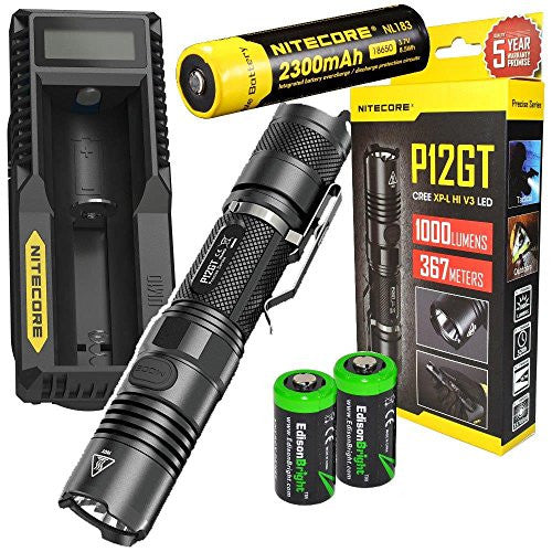NITECORE P12GT 1000 Lumen CREE LED 350 yards long throw tactical flashlight with Nitecore UM10 USB charger, NL183 rechargeable 18650 Battery and 2 X EdisonBright CR123A Lithium Batteries Bundle