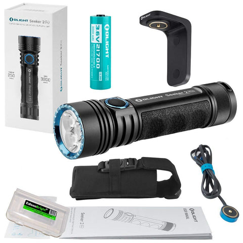 Olight Seeker 2 Pro 3200 Lumen USB Rechargeable LED Flashlight with Charging bracket, Olight Rechargeable Battery, and EdisonBright cable carry case