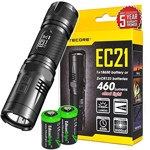 NITECORE EC21 460 Lumens CREE LED compact flashlight with secondary Red LED and 2X EdisonBright CR123A Lithium Batteries bundle